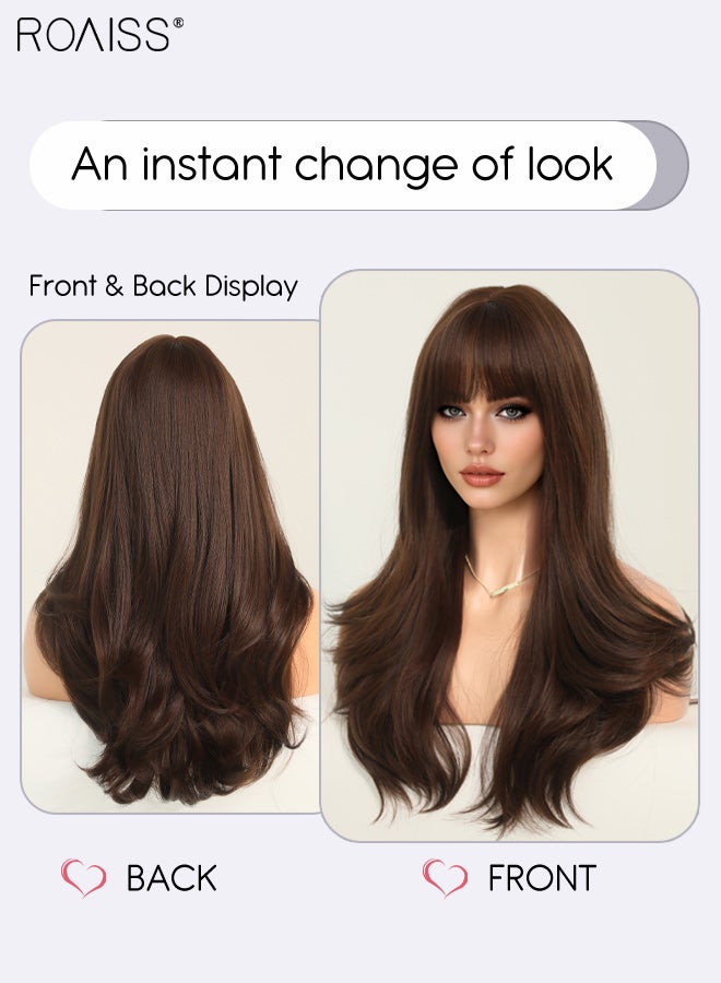 roaiss Long Curly Hair Wig with Bangs for Women, Natural Soft Synthetic Heat Resistant Hair Natural Looking Wig for Wedding Cosplay Party Daily Wear, Chocolate Brown, 60cm (24 inches) - Image 3